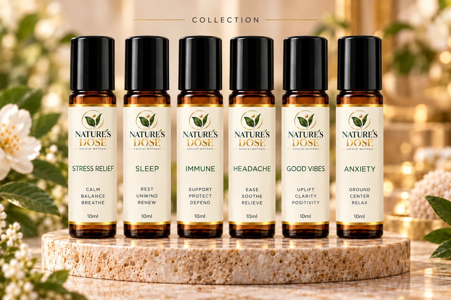 Nature’s Dose aromatherapy roll-on packaging in an ivory, green and gold collection