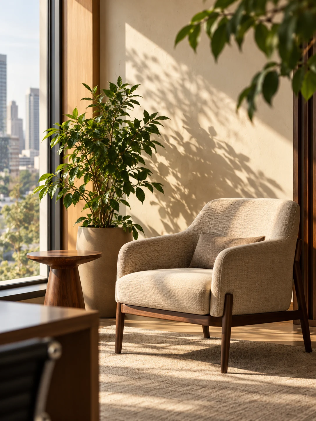 A quiet, sunlit office setting for a workplace wellness experience